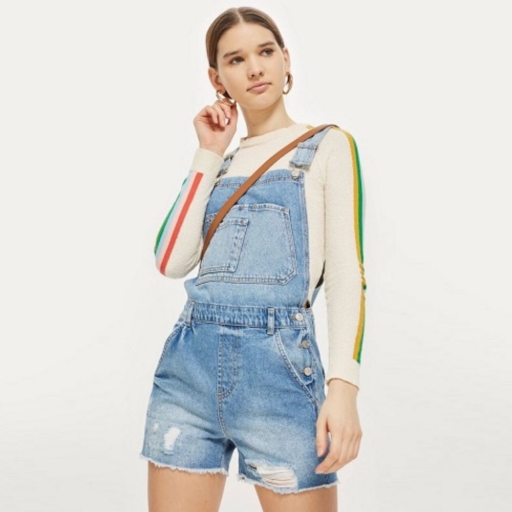 TOPSHOP Moto Blue Distressed Overalls Shorts